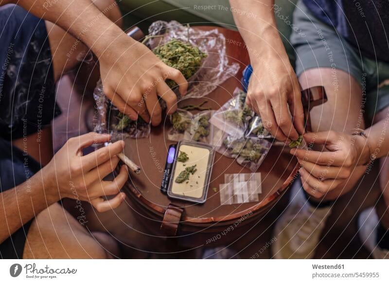 Close-up of two men cleaning marijuana friends mate bags Tables wood wood table relax relaxing hold smoke Seated sit at home Social Issue Social Theme