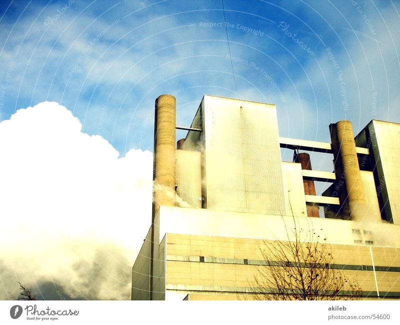 power plant Factory Exterior shot Sky Blue Steam Power Industrial Photography Chimney clouds