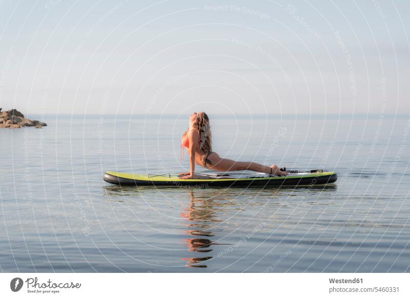 Woman practicing upward facing dog position on paddleboard over sea against sky color image colour image Spain outdoors location shots outdoor shot