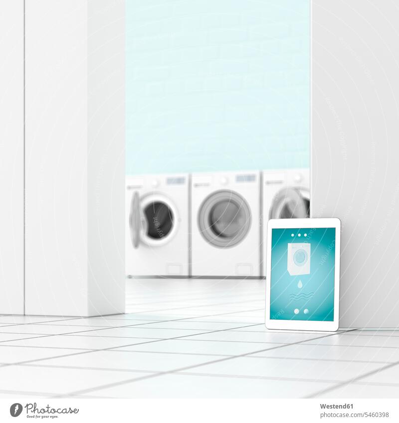 Tablet in laundry room, 3d rendering 3D three dimensional Three-Dimensional Shape 3-d online digitization digitazing digitalisation digitalization individuality