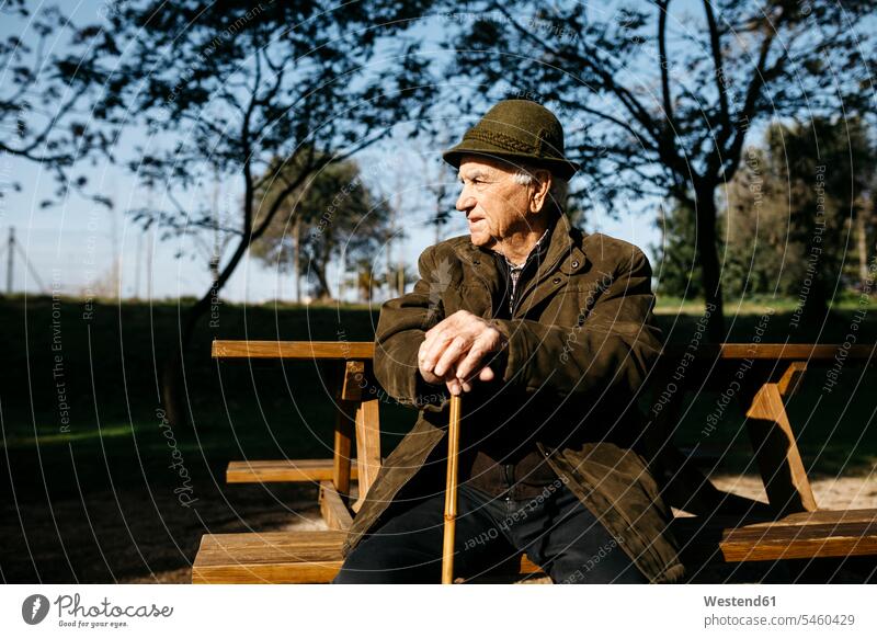 Old man with cane sitting on banch in a park hats benches Seated Retired experienced Experiences parks location shot location shots outdoor outdoor shot