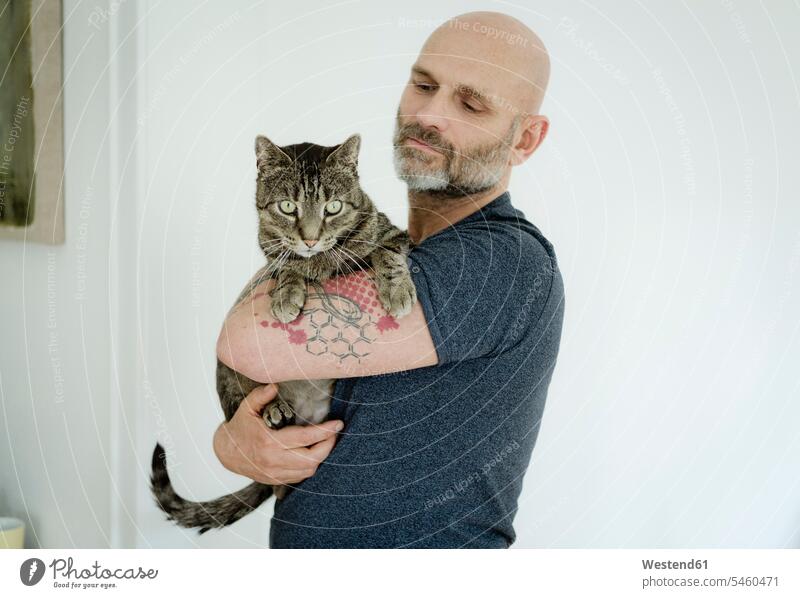 Tattooed man carrying his cat tattooed holding cats home at home tattoos pets animal creatures animals caucasian caucasian ethnicity caucasian appearance