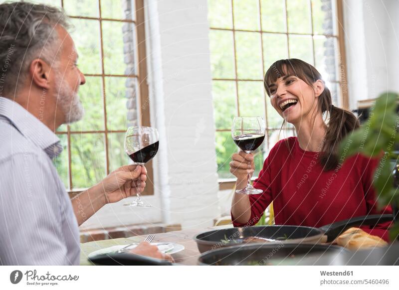 Happy couple sitting in kitchen, toasting with red wine, enjoying dinner drinking clinking cheers twosomes partnership couples Seated Red Wine Red Wines Dinner