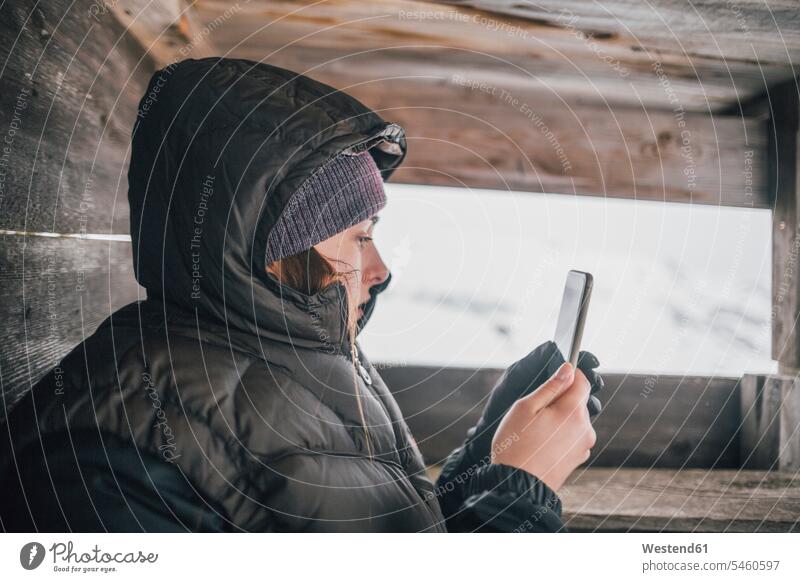 Austria, Kitzbuehel, young woman in raised hide looking at cell phone in winter deer stand high seat females women watching hibernal Smartphone iPhone