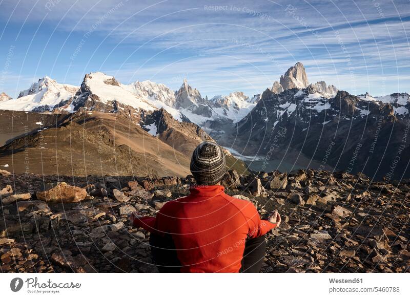 Man looking at Fitz Roy and Cerro Torre mountains, Los Glaciares National Park, Patagonia, Argentina human human being human beings humans person persons