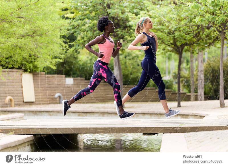 Two sporty young women running together in a park female friends parks sportive sporting athletic woman females Jogging mate friendship sports Adults grown-ups