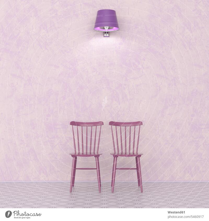 3D rendering, Two chairs in front on wall, lit by wall lamp lamps simplicity Modest simple illuminated lighted Illuminating two objects 2 furnishing Furnishings