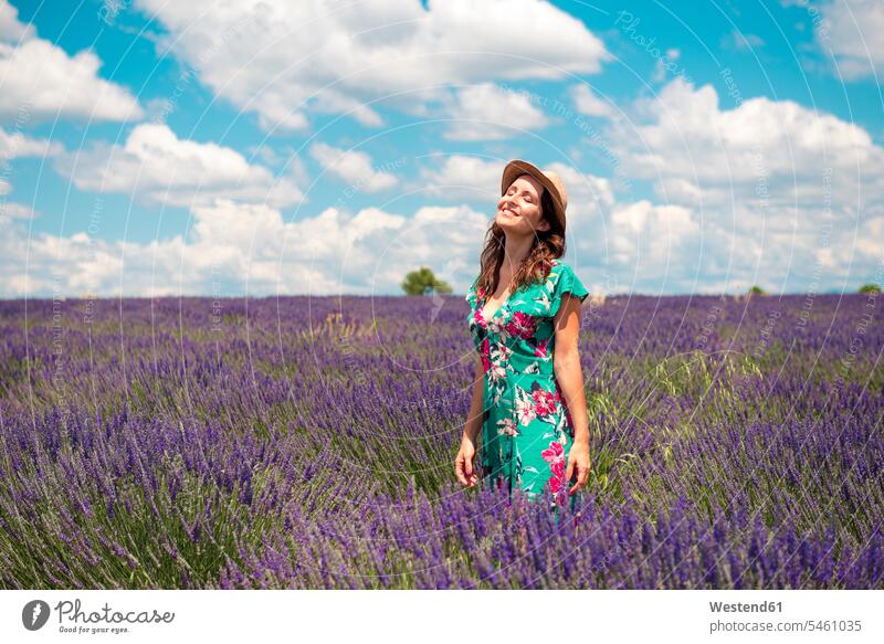 France, Provence, Valensole plateau, happy woman with straw hat standning in lavender field straw hats females women standing enjoying indulgence enjoyment