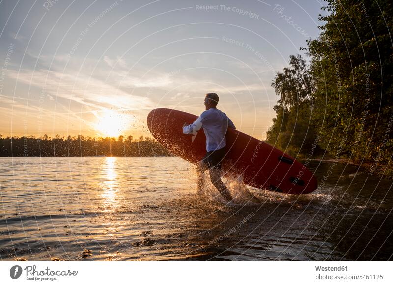Man with paddleboard walking into lake by sunset lakes going sunsets sundown man men males Paddleboard standup paddleboard paddle board Paddleboards water