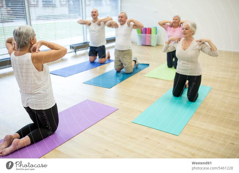 Group of active seniors practicing yoga together Gymnastic Retired fit flexible balanced Equilibrium indoor indoor shot indoor shots interior interior view