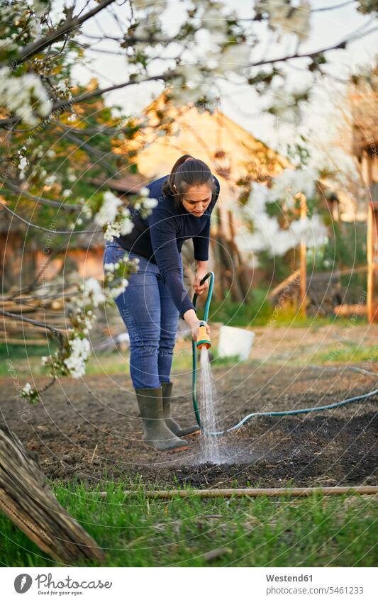Full length of woman watering with garden hose outdoors location shots outdoor shot outdoor shots day daylight shot daylight shots day shots daytime hobby