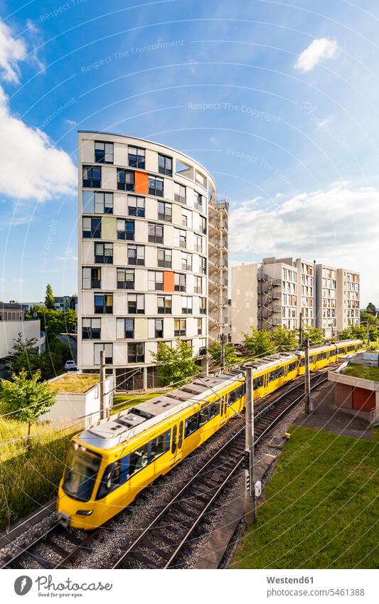 Germany, Stuttgart, high-rise residential building and tram modern contemporary Travel multi-family house multi-family houses tramway tramways streetcars trams