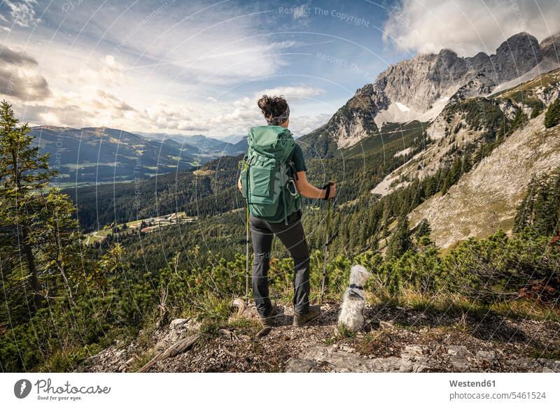 Woman on a hiking trip at Wilder Kaiser enjoying the view, Kaiser mountains, Tyrol, Austria animals creature creatures domestic animal pet Canine dogs back-pack