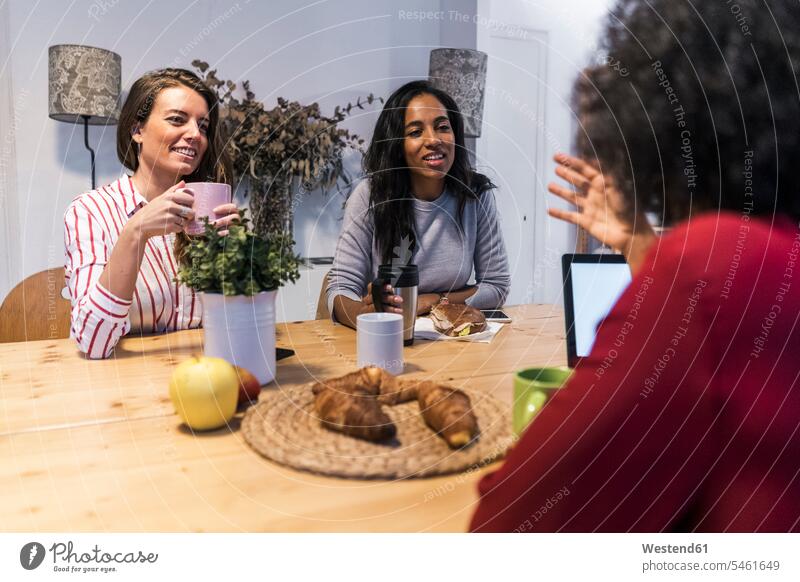 Three women with laptop talking at table Laptop Computers laptops notebook female friends Table Tables speaking woman females computer computers mate friendship