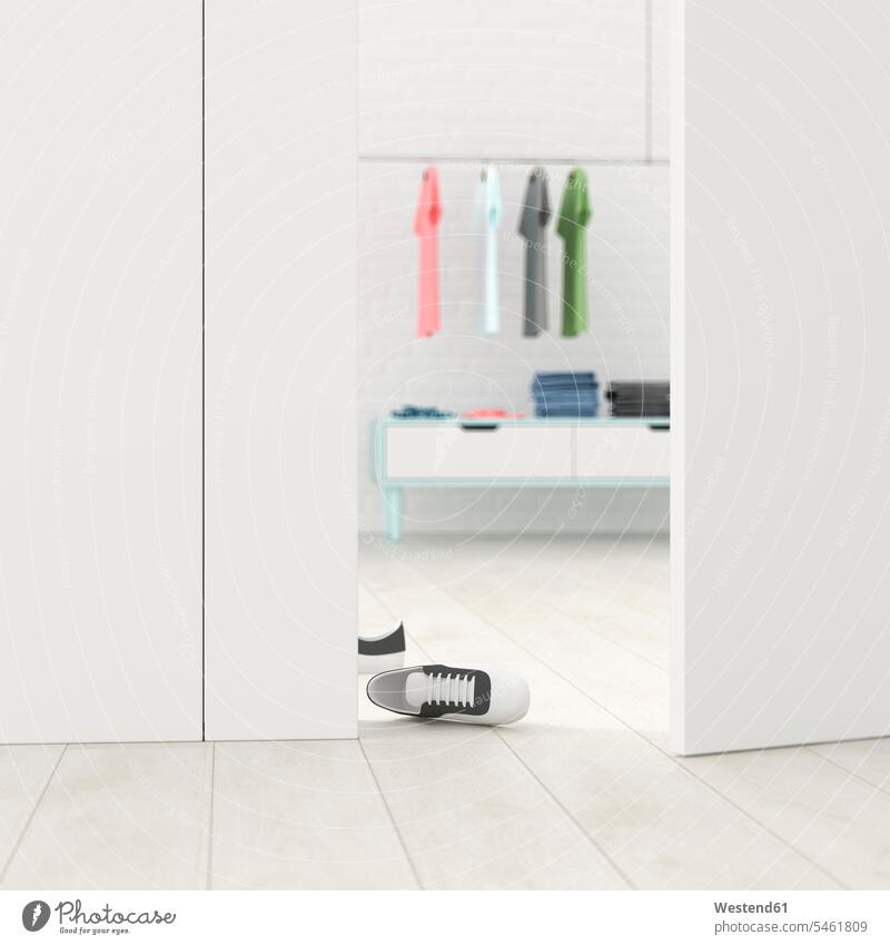 Cloakroom behind ajar door, 3d rendering 3D three dimensional Three-Dimensional Shape 3-d Absence Absent individuality Distinct looking looks entrance entry
