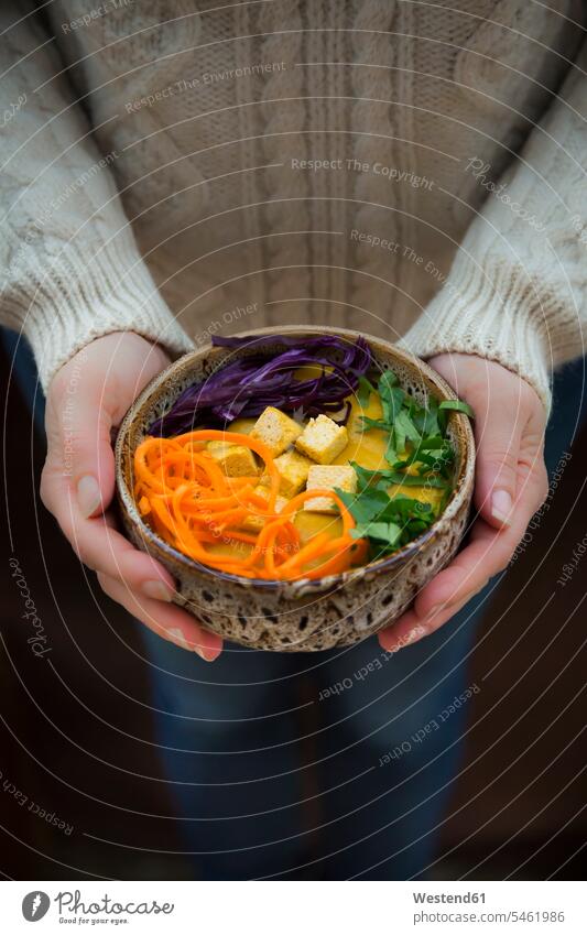 Turmeric curry dish with carrot, tofu, red cabbage and parsley in bowl caucasian caucasian ethnicity caucasian appearance european vegetarian Vegetarian Food