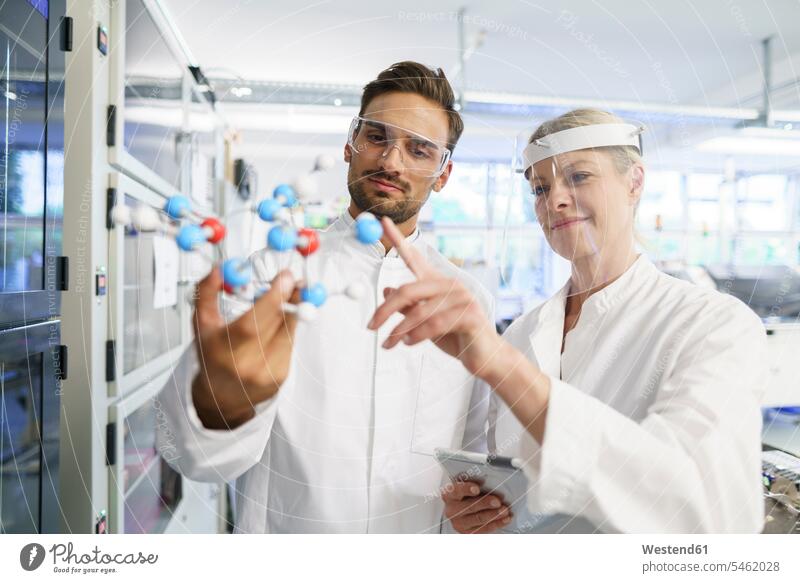 Smiling female scientist touching molecular structure held by young male colleague at laboratory color image colour image indoors indoor shot indoor shots