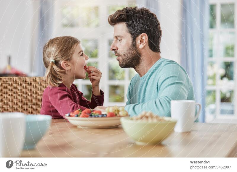 Father and daughter eating fruit at home daughters father pa fathers daddy dads papa Fruit Fruits child children family families people persons human being