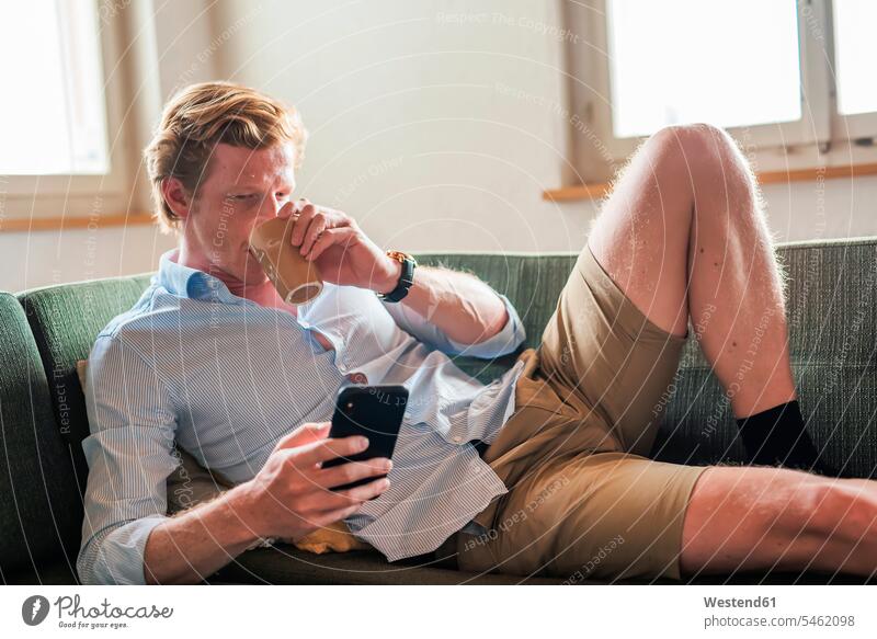Man drinking coffee while using smart phone in living room color image colour image indoors indoor shot indoor shots interior interior view Interiors day