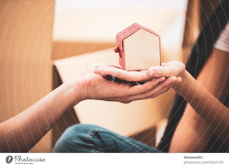 Close-up of couple holding tiny house model twosomes partnership couples little small present Handing handing over handing out presenting hand over model house