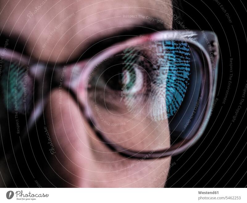 Woman with a reflection of a finger print on her glasses to represent identity and access brown eye brown-eyed Eye Glasses Eyeglasses specs spectacles gaze