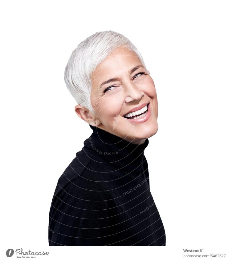 Portrait of laughing mature woman with short grey hair wearing black turtleneck pullover cut out cutout white colour colours portraits expressing positivity
