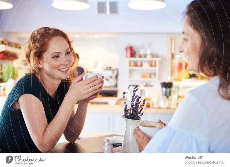 Two women talking and drinking coffee at cafe female friends woman females Coffee coffee shop speaking mate friendship Adults grown-ups grownups adult people