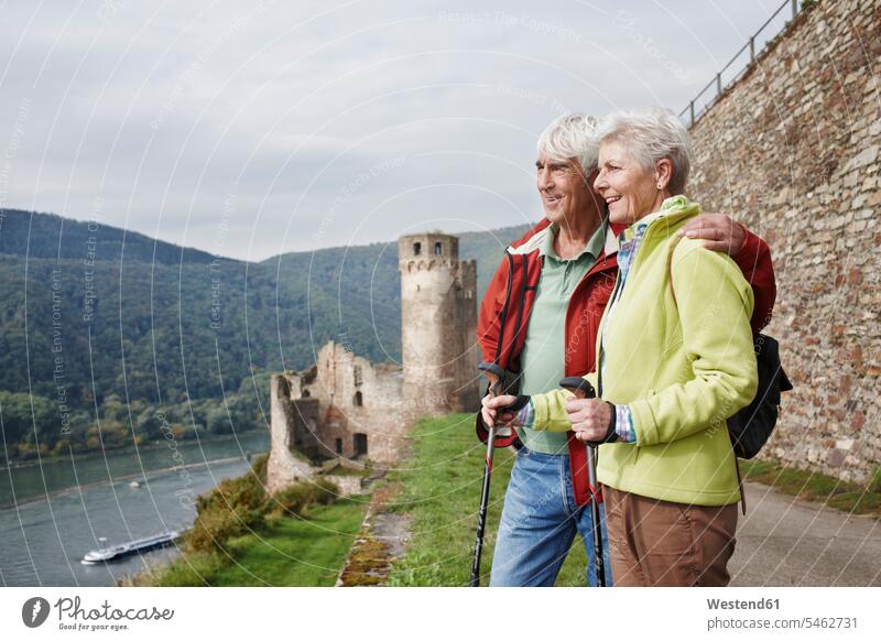 Germany, Rheingau, happy senior couple looking at view View Vista Look-Out outlook eyeing elder couples senior couples happiness seeing viewing adult couple