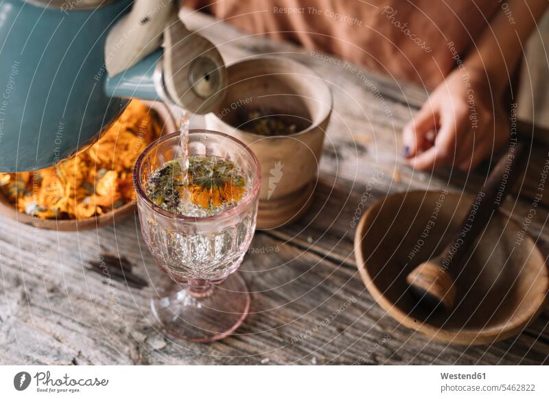 Teapot pouring hot water in herbal tea glass on table color image colour image indoors indoor shot indoor shots interior interior view Interiors food and drink