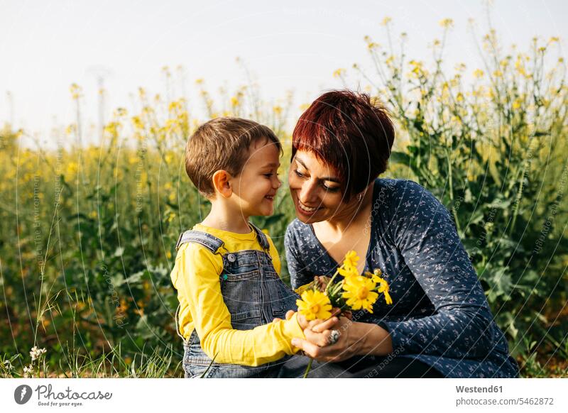 Mother and little son with picked flowers in a field Flower Flowers plucked Field Fields farmland mother mommy mothers ma mummy mama sons manchild manchildren