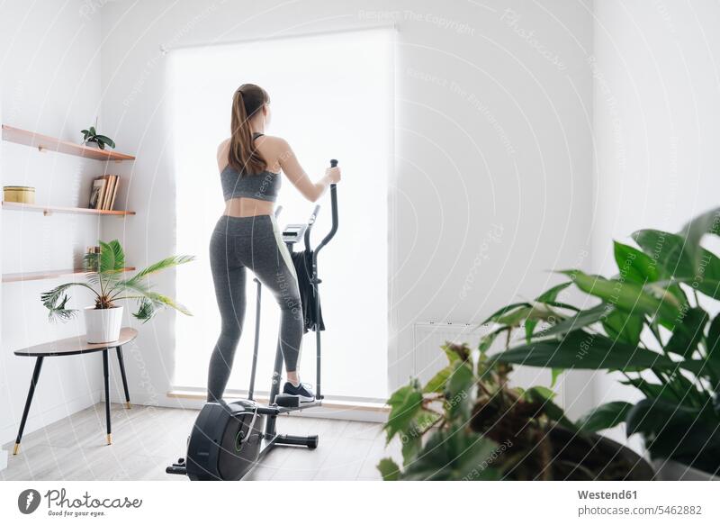 Woman performing workout on elliptical trainer at home exercise practising training sports fit free time leisure time Recreational Activities