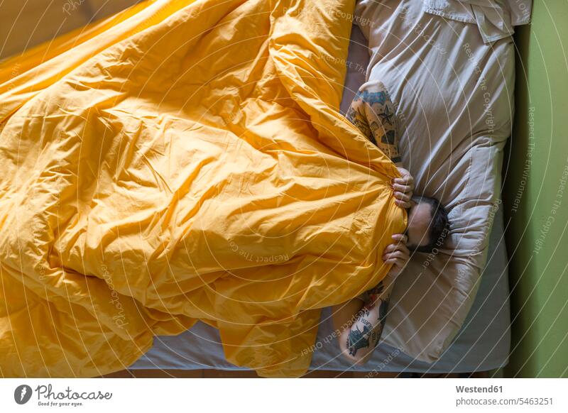 Tattooed man lying in bed, blanket over his face human human being human beings humans person persons caucasian appearance caucasian ethnicity european adult