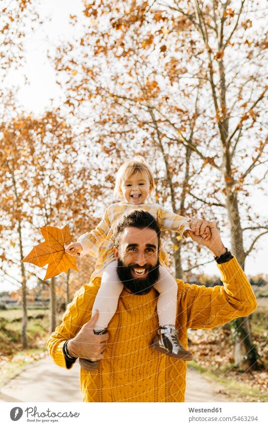 Father carrying his little daughter on shoulders in the morning in a park in autumn autumnal autumnally parks father fathers daddy dads papa Joy enjoyment