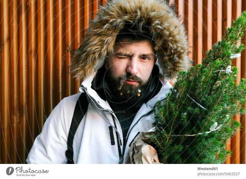 Young man with Christmas tree and golden stars in his beard human human being human beings humans person persons caucasian appearance caucasian ethnicity