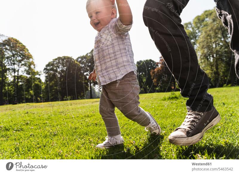 Father walking hand in hand with son in a park sons manchild manchildren parks active going father fathers daddy dads papa family families people persons