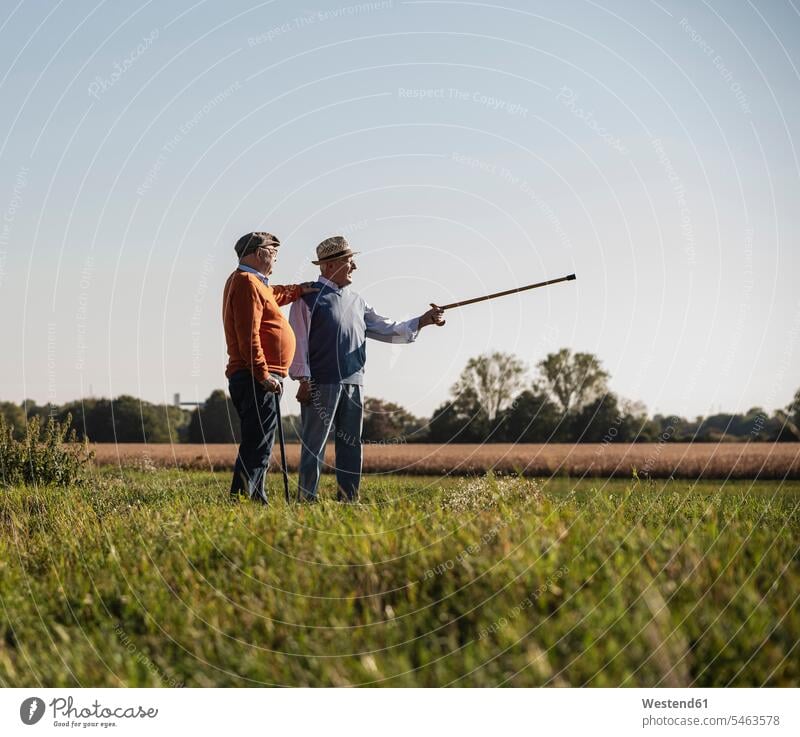 Two old friends standing in the fields, pointing with walking stick Stroll watching observing observe Field Fields farmland Best Friend Best Friends Best Pal