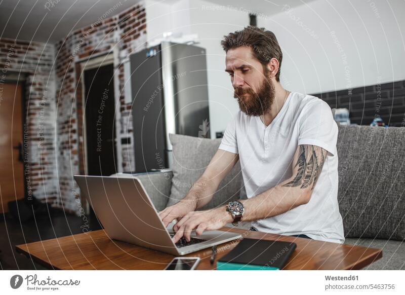 Bearded man sitting on the couch at home using laptop Seated beard settee sofa sofas couches settees Laptop Computers laptops notebook men males people persons