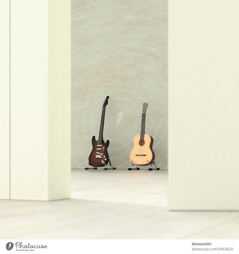 Guitars in a room behind ajar door, 3d rendering 3D three dimensional Three-Dimensional Shape 3-d Absence Absent concept concepts conceptual looking looks