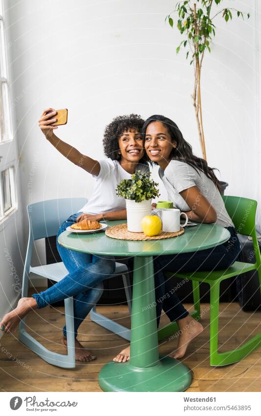 Two happy girlfriends sitting at table taking a selfie female friends happiness woman females women Selfie Selfies together Table Tables home at home Seated