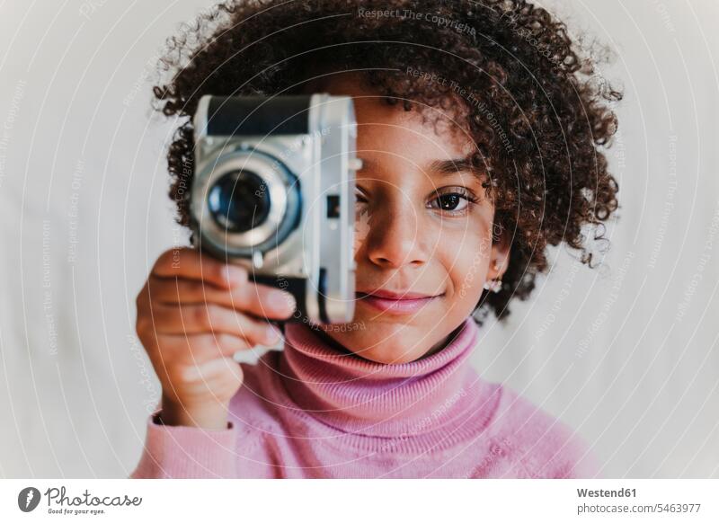Portrait of smiling little girl with vintage camera human human being human beings humans person persons 1 one person only only one person children kid kids