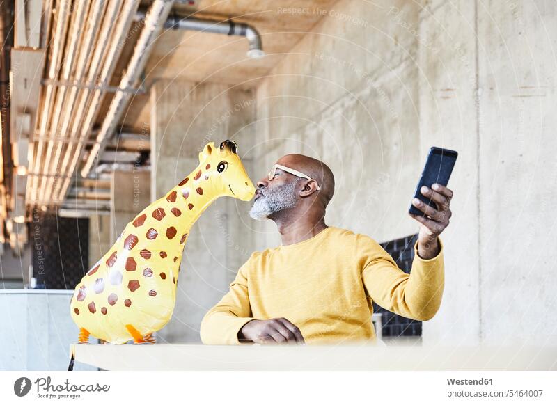 Mature businessman sitting at desk in office with cell phone kissing giraffe figurine kisses Seated mobile phone mobiles mobile phones Cellphone cell phones
