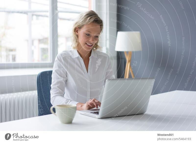 Smiling young businesswoman using laptop at desk in office Occupation Work job jobs profession professional occupation business life business world