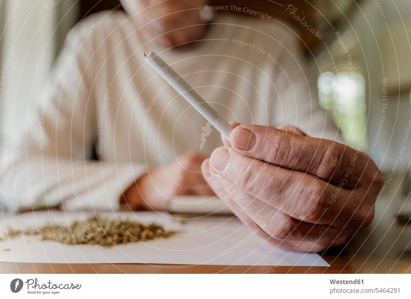 Close-up of senior man holding marijuana joint at home color image colour image Spain indoors indoor shot indoor shots interior interior view Interiors day