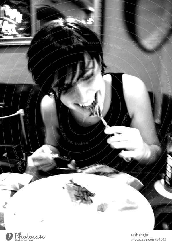 The joy of eating Fork Sidewalk café Nutrition Black & white photo Laughter Joy