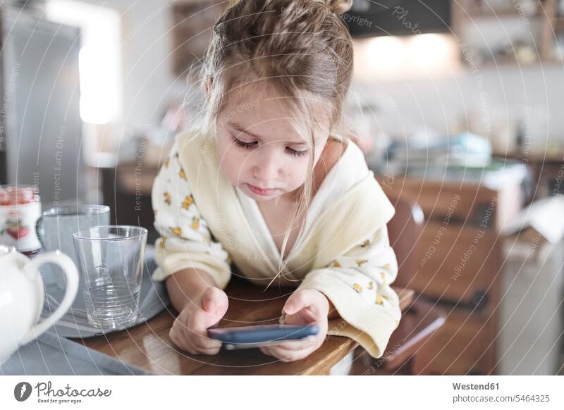 Little girl with smartphone in the kitchen females girls Smartphone iPhone Smartphones domestic kitchen kitchens child children kid kids people persons