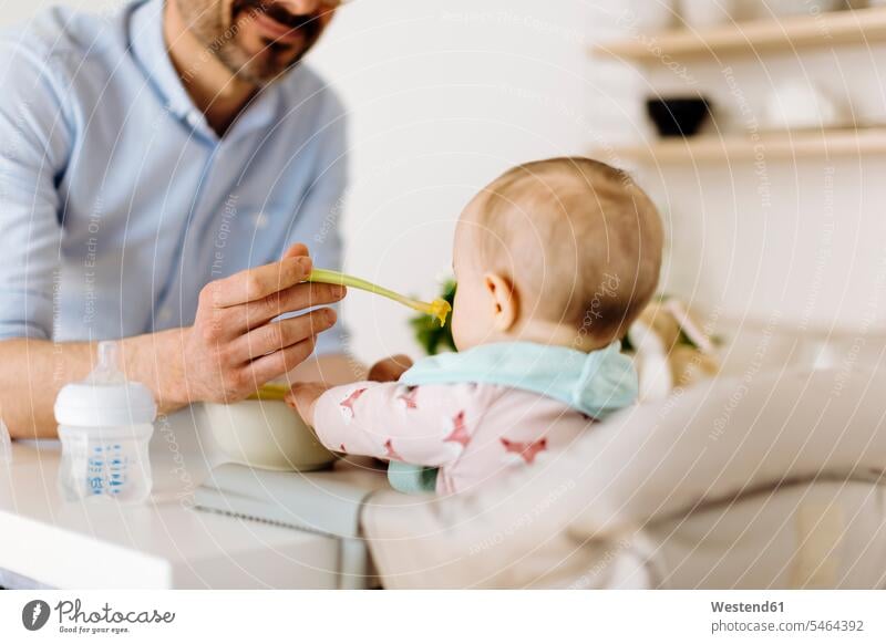 Father feeding baby girl in high chair Bowls learn eat taste Seated sit content Contented Emotion pleased at home Alimentation food Food and Drinks Nutrition
