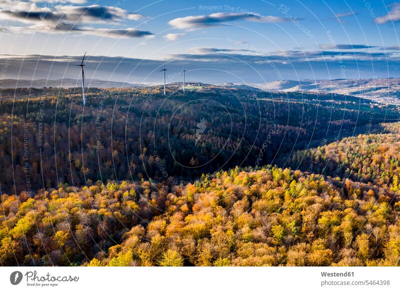 Germany, Baden Wurttemberg, Rems-Murr-Kreis, Aerial view of wind turbines and forest in Autumn Baden-Wuerttemberg Baden-Wurttemberg drone view Drone photography