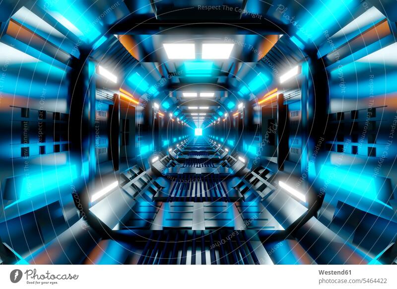 3D Rendered Illustration, visualisation of a science fiction spaceship, gangway one-point perspective lighting Illuminating lighted lit Space Travel Vehicle