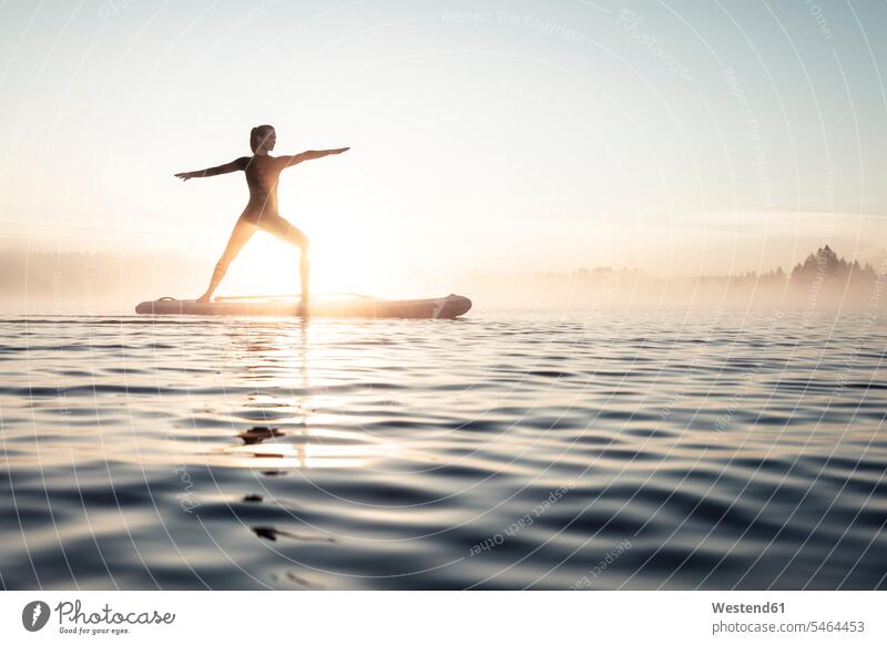 Woman practicing paddle board yoga on lake Kirchsee in the morning, Bad Toelz, Bavaria, Germany exercise practising train training exercising practice practise
