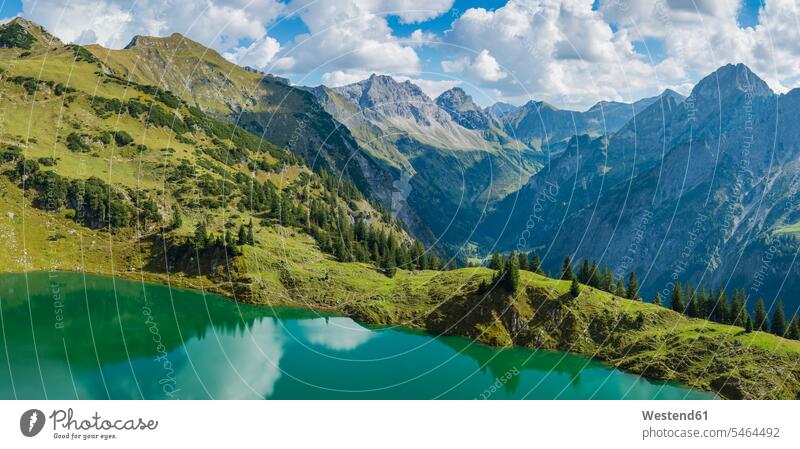 Germany, Bavaria, Allgaeu Alps, Panoramic view to Seealpsee, Oy Valley, f.l. Grosser Wilder, Kleiner Wilder and Hoefats nobody Oberallgaeu
